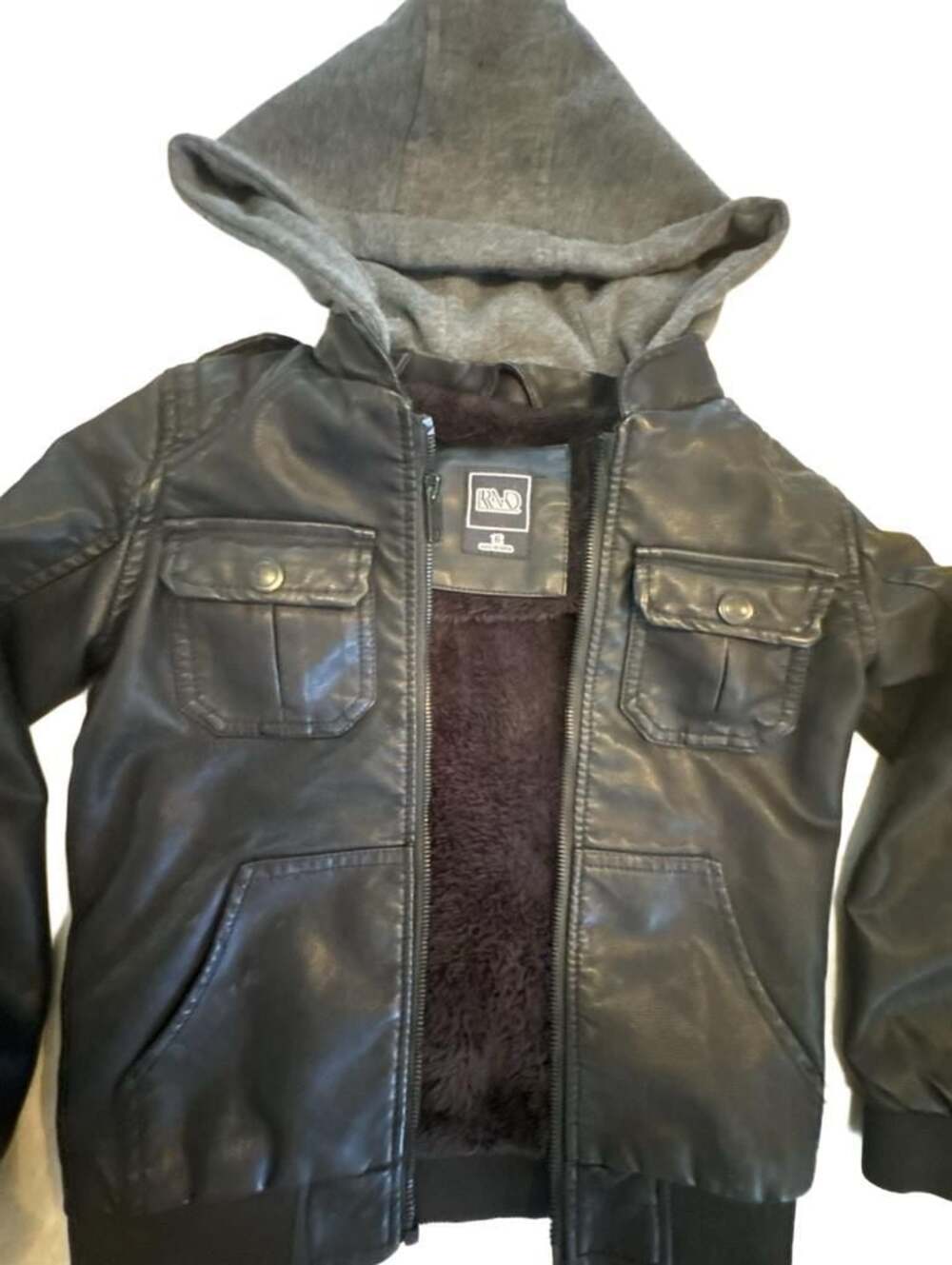 RND Black Faux Leather Hooded Jacket with Sherpa Lining, Size 16